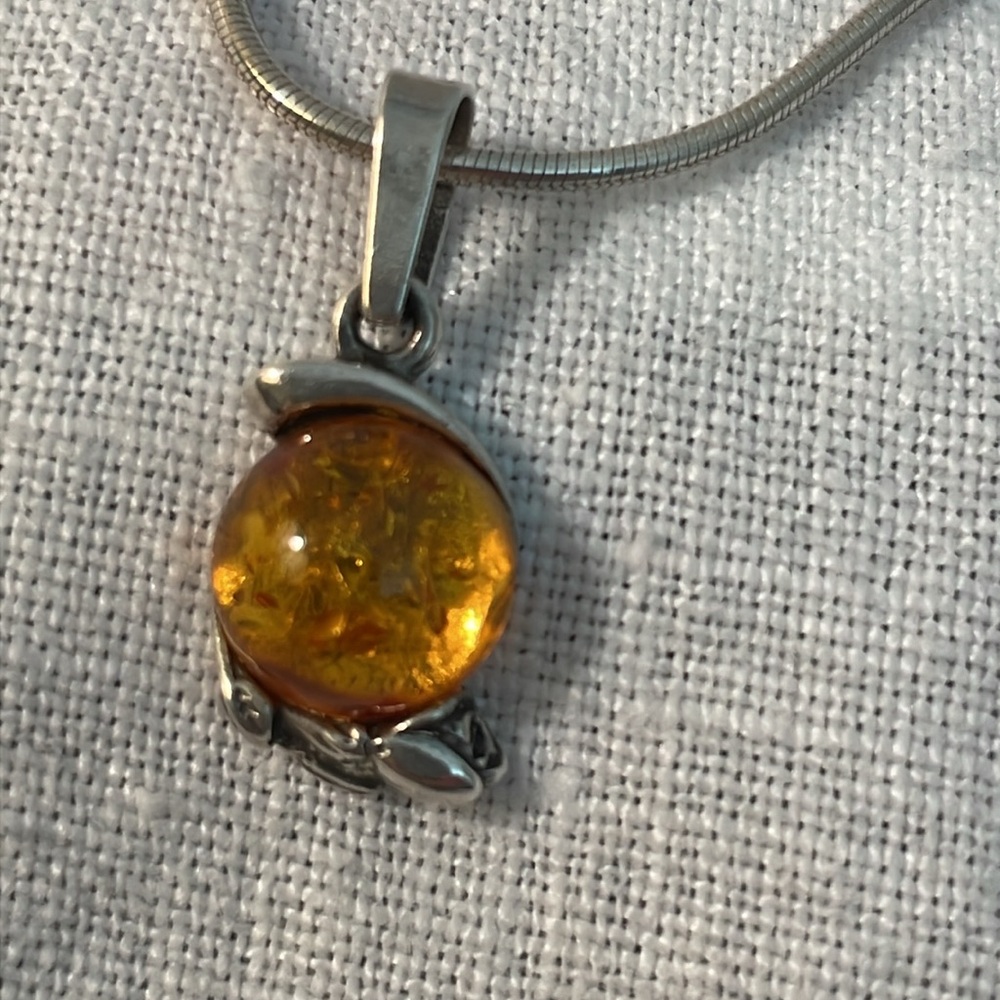 Silver 925 Necklace with Amber Crystal Pendant 21” Chain - Picture 2 of 5